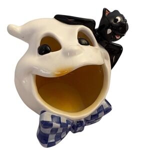 Vintage Halloween Ghost Candy Dish Bowl‎ Black Cat Bowtie Spooky Decoration